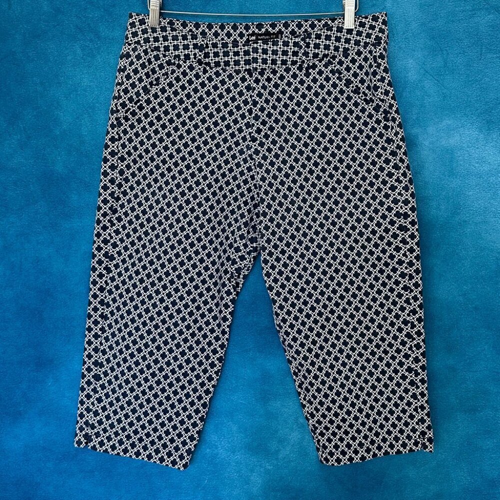Lee Capri Pants Blue Geometric Natural Fit Stretch, Size 14